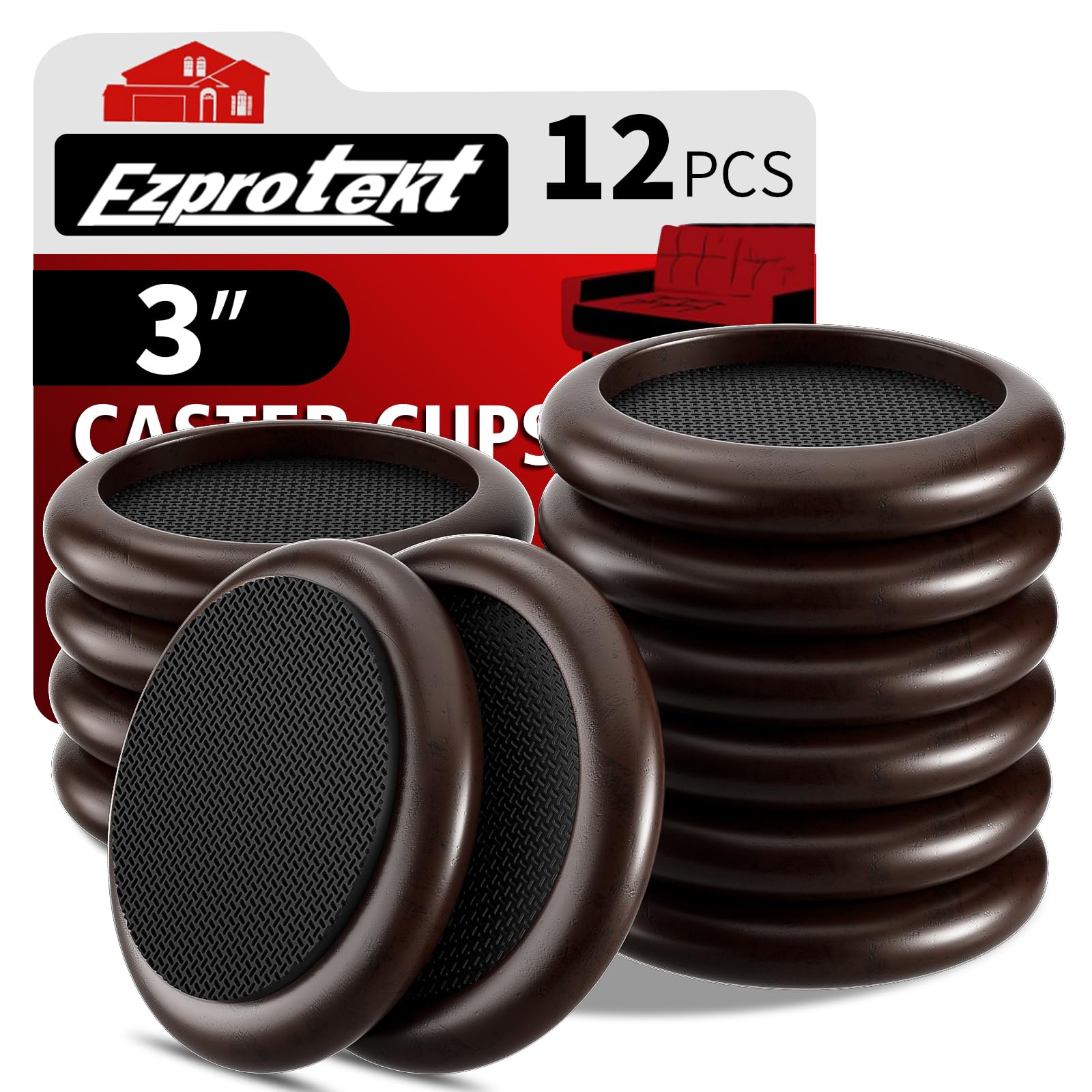 Ezprotekt 3 inch Premium EVA Castor Cups for Wooden Floors & Smooth Surfaces Φ 76 mm - Dark Brown Wood Grain - 12PCS Chair Leg Floor Protectors - Castors for Furniture - Furniture Cups