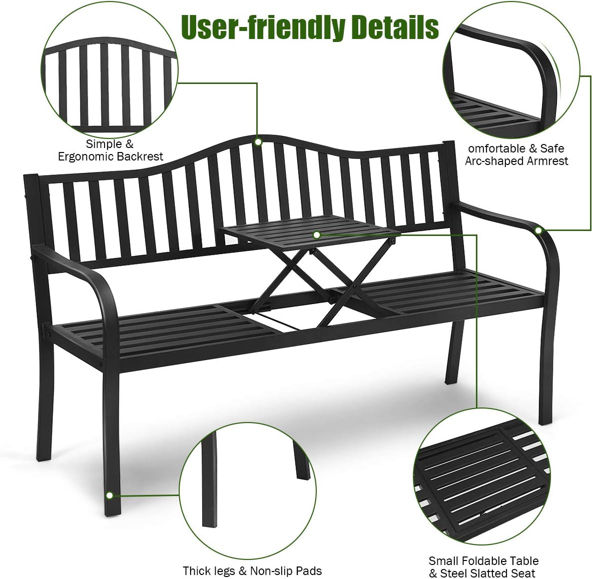 Giantex Garden Bench, Outdoor Metal Patio Benches w/Pullout Middle Table for Porch Path Yard Lawn Decor Deck Outdoor Metal Loveseat (Black): Kitchen & Dining