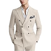 Autrl Mens Suits Linen 2 Piece Suit for Men Peak Lapel Slim Fit Suits Set Double Breasted Tuxedos for Wedding Prom
