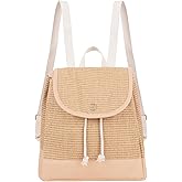 Meyaus Medium Women Straw Woven Backpack Flap Drawstring Daypack Beach Shoulders Bag, Khaki