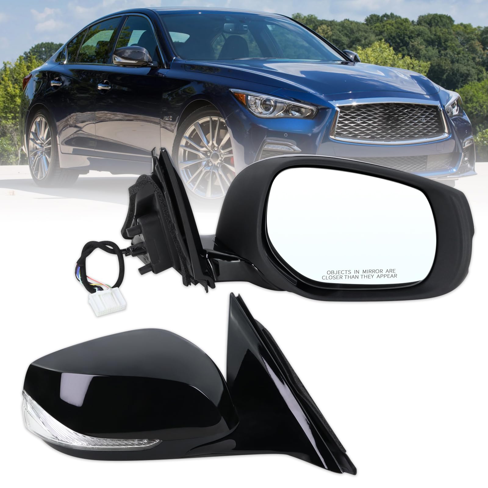 Photo 1 of Lqito Right Passenger Side Mirror Compatible With 2014 2015 2016 2017 2018 2019 2020 2021 Infiniti Q50 With Manual Folding Power Glass Heated Turn Signal Black Replace#963014HB0A(7Pins)