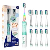 SEAGO Kids Electric Toothbrush with 2 Mins Brushing Timer and 8 Replacement Bursh Heads,Rainbow LED Light Make Brushing Fun, Blue Color Boys Battery Powerd Toothbrush for 4-12 Years Old