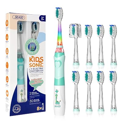 SEAGO Kids Electric Toothbrush with 2 Mins Brushing Timer and 8 Replacement Bursh Heads,Rainbow LED Light Make Brushing Fun, Blue Color Boys Battery Powerd Toothbrush for 4-12 Years Old