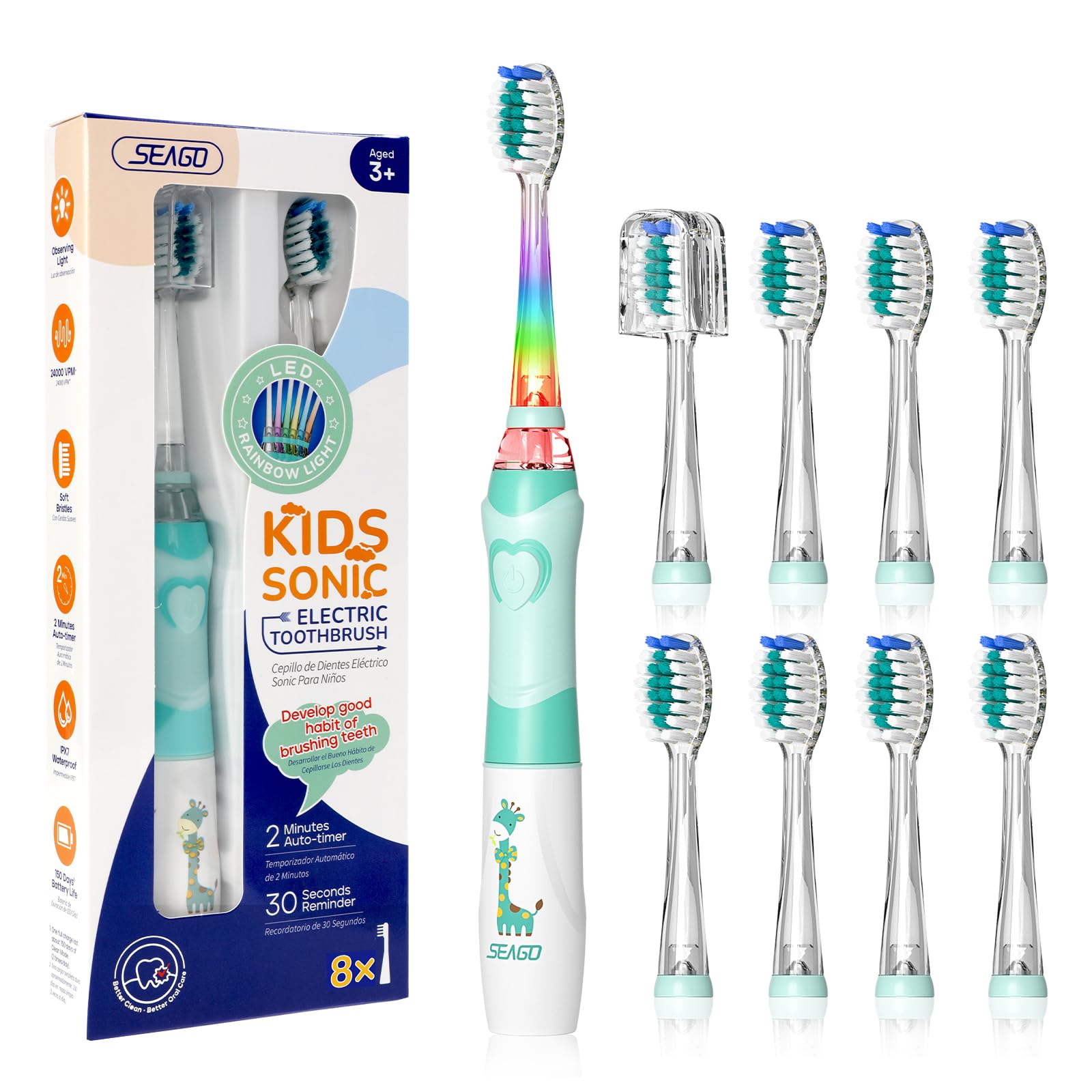 Seago Kids Electric Toothbrush 3-12, Childrens Battery Toothbrush with Colorful Lights, 2 Mins Timer, 8 Brush Heads, 4 Modes, for Junior, Boys and Girls, Giraffe Print, SG-977(Green)