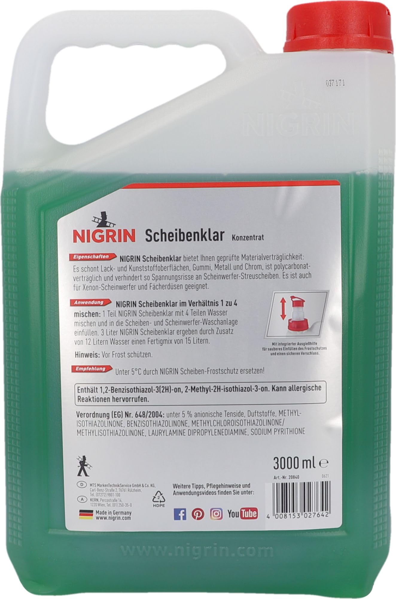 NIGRIN Scheibenklar Konzentrat 1:4 Apfel | 3 Liter | Reinigungszusatz für Autoscheiben und Scheinwerfer | integrierte Ausgießhilfe | entfernt Insekten, Fett | schlierenfrei | sehr ergiebig | ab 5°C 8