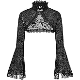 OYOANGLE Women's Floral Lace Mesh Bell Sleeve Shrug Bolero Open Front Stand Collar Goth Crop Tops