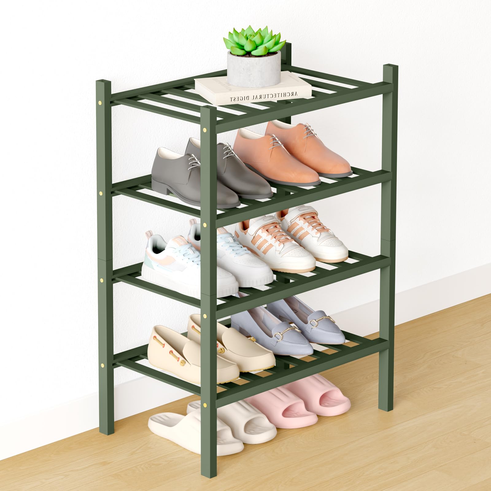 Smiry Bamboo Shoe Rack for Closet, 4 Tier Small Wooden Stackable Shoe Organizer, Free Standing Shoes Storage Shelf for Entryway, Front Door Entrance, Green Image