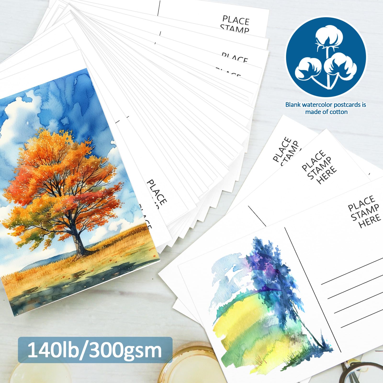 CXIIPOL 100 Sheets Watercolor Paper Postcards 4x6 Inch, 140 lb/300 GSM 100％ Pure Cotton Watercolor Paper Blank Postcards for Art Painting Creative Thank Notes, Mailing, Painting Gift Cards
