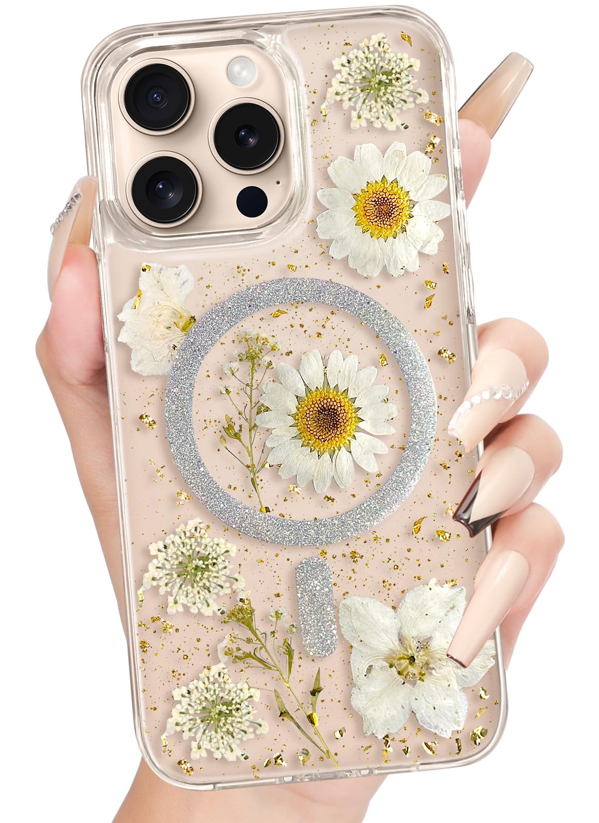 Photo 1 of Loheckle for iPhone 15 Pro Case for Women - Compatible with MagSafe Girls Cute Glitter Dried Flower Floral Girly Aesthetic Sparkle Bling Unique Design Handmade Phone Cover for Apple 15 Pro 6.1", White