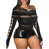 Floerns Women's Cut Out Asymmetrical Neck T Shirt Long Sleeve Streetwear Tee Tops