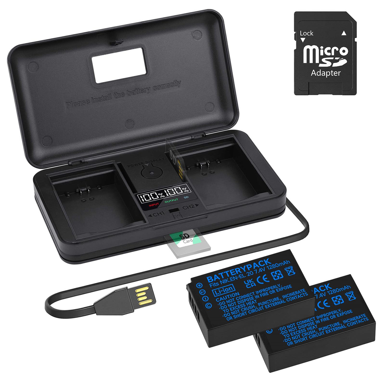 Photo 1 of Palogreen EN-EL20A EN-EL20 Rechargeable Li-ion Battery and LCD USB Dual Charger for Nikon Coolpix P1000 P950 1 J1 J2 J3 DL24-500 Blackmagic Pocket Cinema Camera