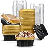 Mimorou 100 Pcs Mini Cake Pans with Lids 5 oz Cupcake Liners Dessert Baking Cups Aluminum Foil Baking Cup Disposable Ramekins Tin with Lids Small Muffin Square Pie Container(Black and Gold)