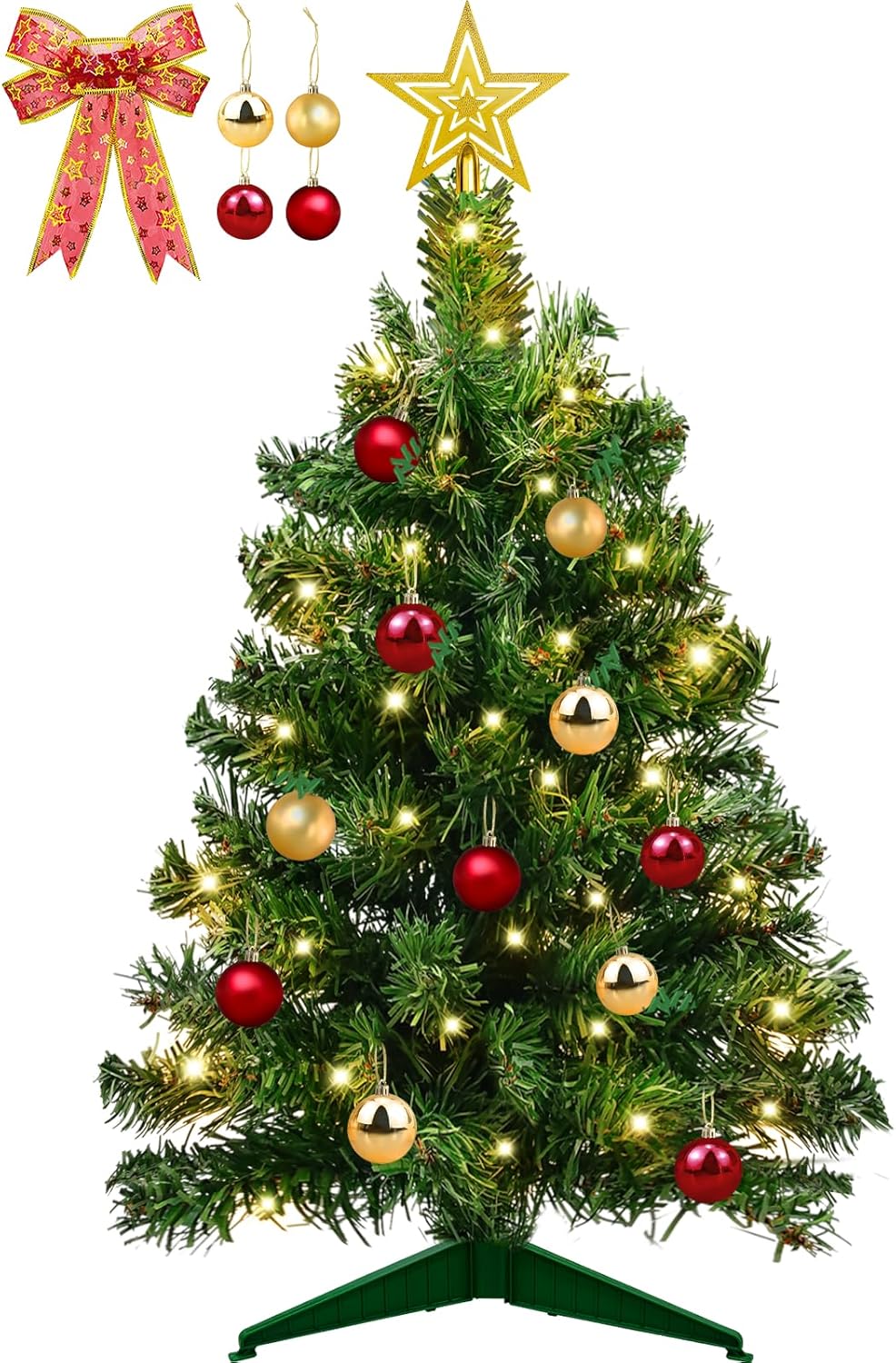 Trees - 22 Inch Tabletop Christmas Tree with Timer 30 LED DIY Warm Lights Glitter Red Ribbon 15 Ball Ornaments 12 Clips Star Mini Small Christmas Tree Xmas Decorations Home Indoor Holiday Party(Green)