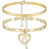 YANODA Gold Ankle Bracelets for Women Waterproof, 14k Gold Plated Layered Snake Anklets Figaro Chain Letter Initial Anklets Handmade Heart Ankle Bracelets Personalized for Women Beach Jewelry Gifts