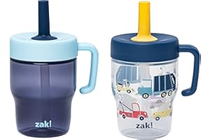 Zak Designs Capri Toddler Tumbler For Travel or At Home, 10oz 2-Pack Durable Plastic Sippy Cups With Handle and Leak-Proof Design are Perfect For Kids (Wheels, Blue)