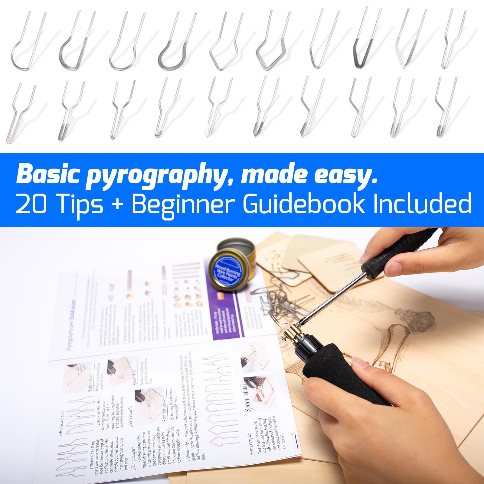 WEP 939D-V Wood Burning Kit 250-750℃/482-1382℉Adjustable Wood Burning Tool with Detachable Pen, 20 Wood burner Tips, WoodBurning Pen Holder Suitable for Pyrography, Leather Burning Kit