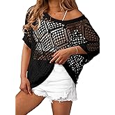 Dokotoo Women's Crochet Cover Up Tops Summer Short Sleeve Off Shoulder Sweater Shirts Beach Swimsuit Coverup