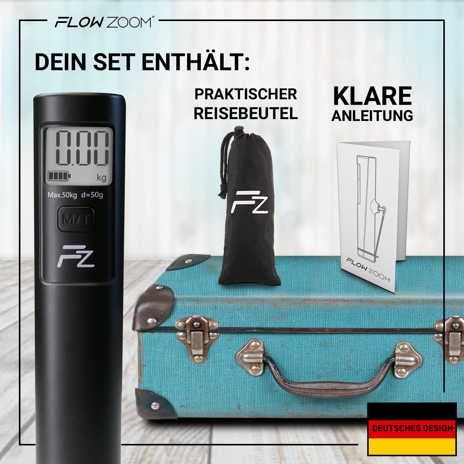 FLOWZOOM Kofferwaage ohne Batterie - Kofferwaage digital mit Haken - Batterielose Gepäckwaage für Koffer - Hängewaage mit Transportbeutel und TARA-Funktion - Luggage Scale - Modell: SHAKEE, schwarz 5