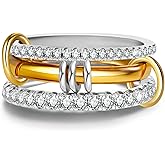 FINGCRO Gold Stackable Rings for Women Non Tarnish, 18k Gold Plated Cubic Zirconia Rings, Silver Gold Multi-link Ring Mixed Metals Stack Rings Set