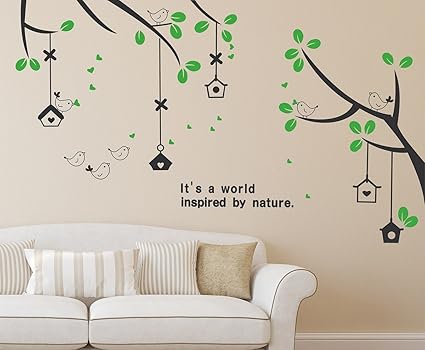 Amazon Brand - Solimo Wall Sticker for Living Room (Branches & Bird Houses, ideal size on wall: 160 cm x 70 cm),Multicolour