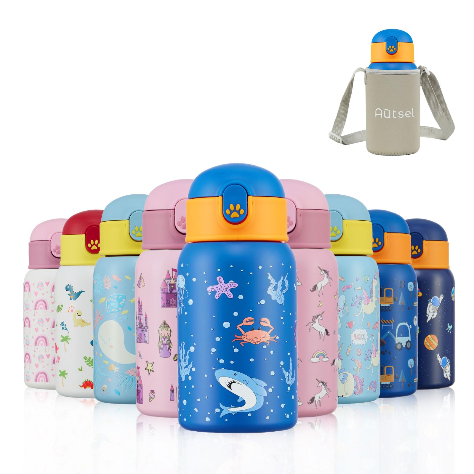 Autsel Kids Water Bottles with Straw 400ml, Childrens Insulated Water Bottle Stainless Steel BPA-Free, Kids Metal Water Bottle for Girls/Boys, Keep Hot/Cold