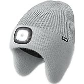 ATNKE LED Lighted Lined Fleece Beanie Cap with Earflap, USB Rechargeable 4 LED Run Headlamp Hat Gifts for Men and Women