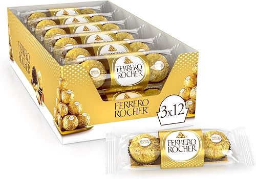 FERRERO ROCHER Fine Hazelnut Milk Chocolate; 3 Individually Wrapped Chocolates; 12 packs; 450g