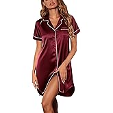 Ekouaer Women's Satin Nightshirt Button Down Sleepshirt Silk Short Sleeve Nightgown Boyfriend Notch Collar Sleepwear