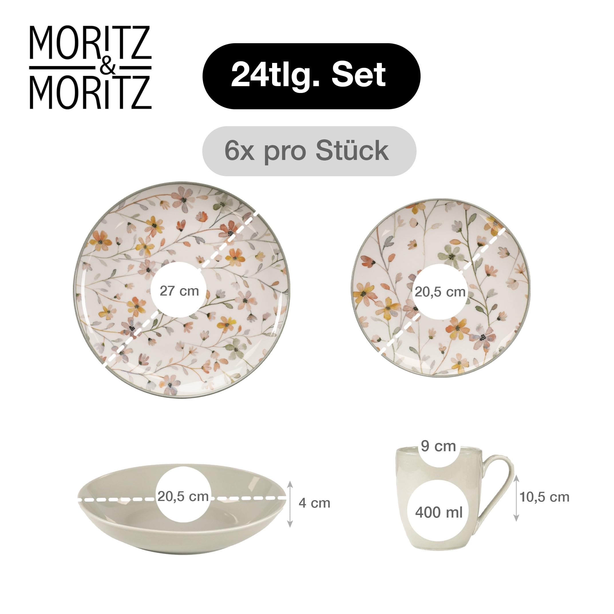 Moritz & Moritz PRIMAVERA Steingut Geschirrset 6 Personen 24-tlg. - Modernes Tafelservice mit verspieltem Design, Pflegeleichtes Kaffeeservice mit Teller Set, Schüsseln & Tassen - Kombiservice 2