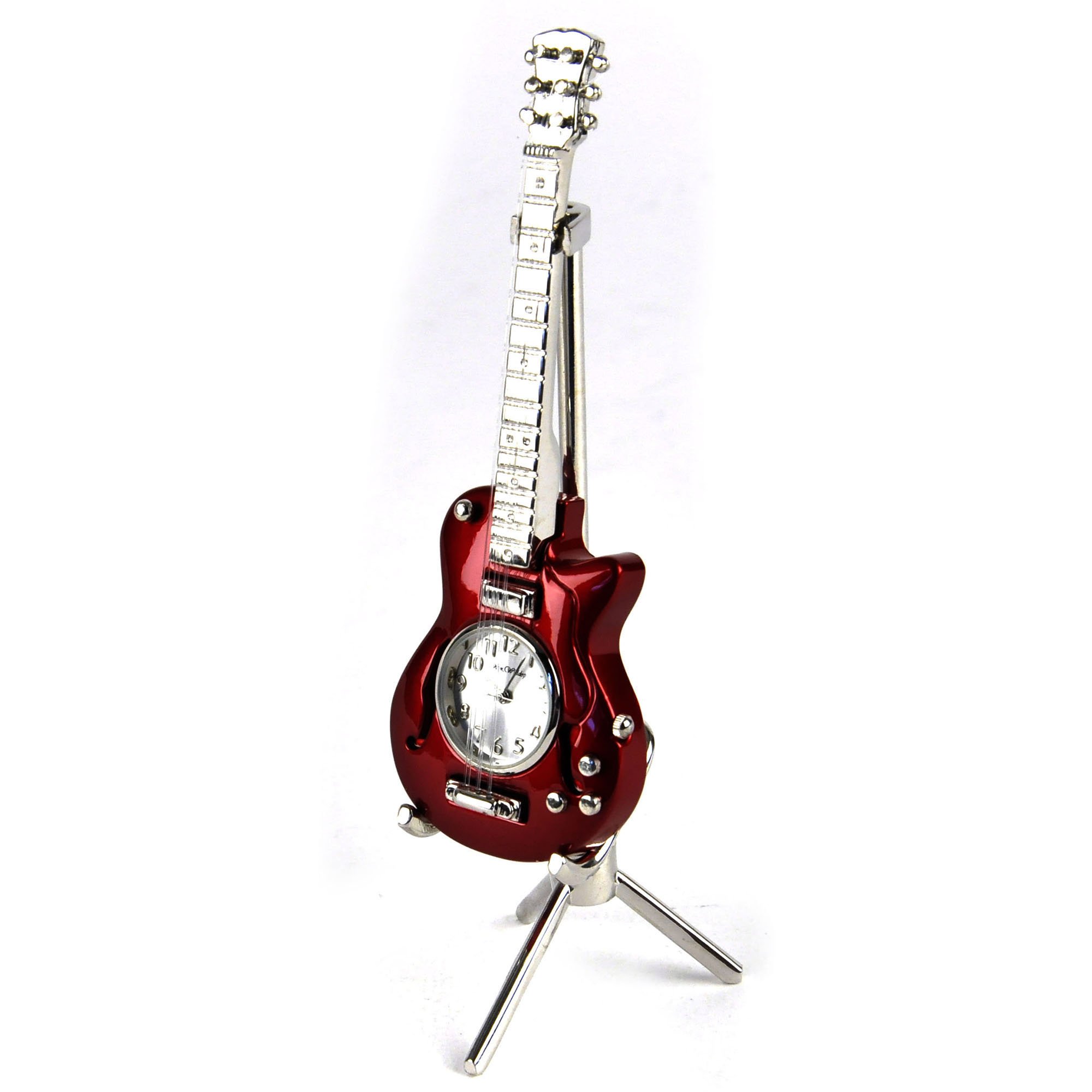 Miniature Ornamental Guitar Novelty Red Tone Collectors Clock on Stand 9029