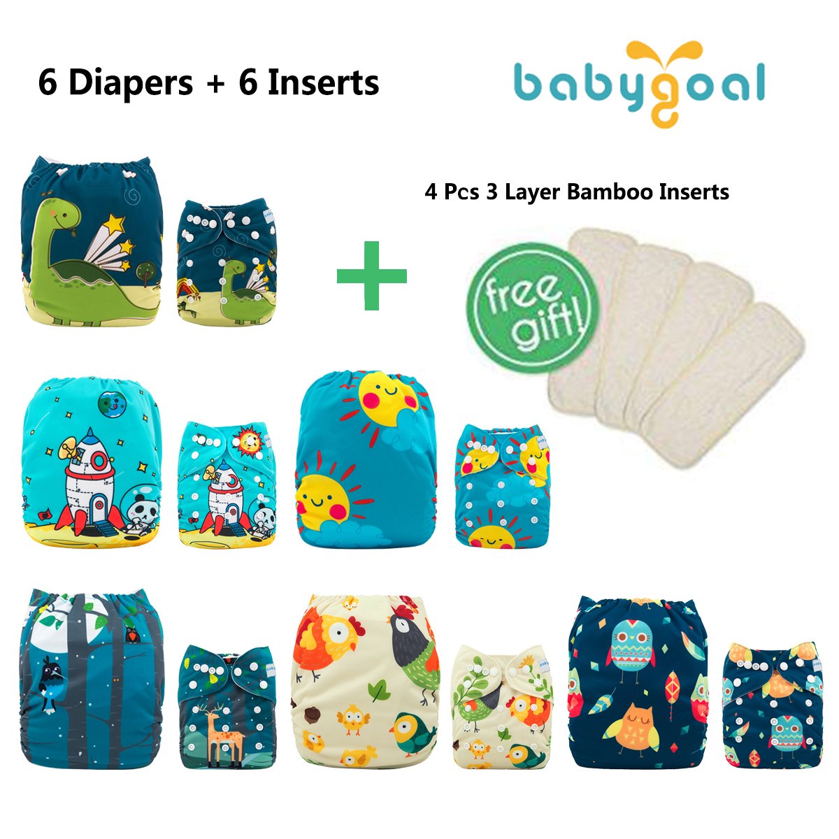 Babygoal Baby Cloth Diapers Washable Pocket Nappy, 6pcs Cloth Diapers+6 Inserts+