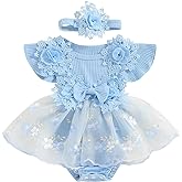 Hnyenmcko Newborn Baby Girl Summer Romper Dress Infant Fly Sleeve Flower Embroidery Mesh Tulle Skirt Hem Ribbed Bodysuit
