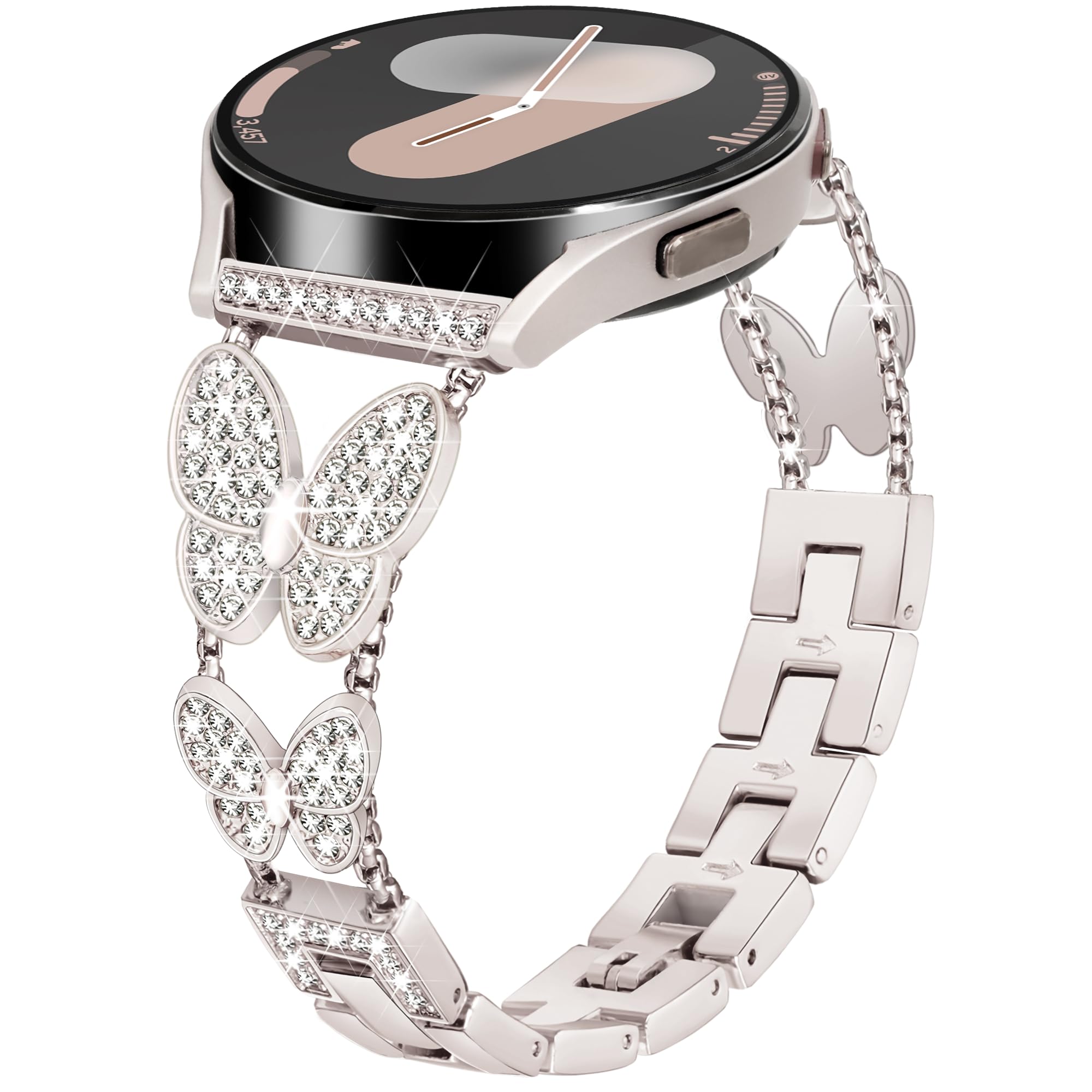 G-ficu 20mm Watch Band for Samsung Watch 7 6 5 4 Bands 40mm 44mm for Women, Bling Butterfly Metal Galaxy Watch 7 6 5 4 Band for Watch 6 Classic/4 Classic/5Pro/Watch 3 41mm/Active 2-Starlight Cream