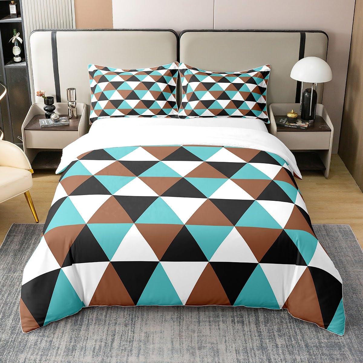 100% Natural Cotton Geometric Duvet Cover, Triangle Bedding Set Double,Brown White Blue Black Comforter Cover,Modern Fashion Graphic Bed Sets with 2 Pillowcases Home Room Decor