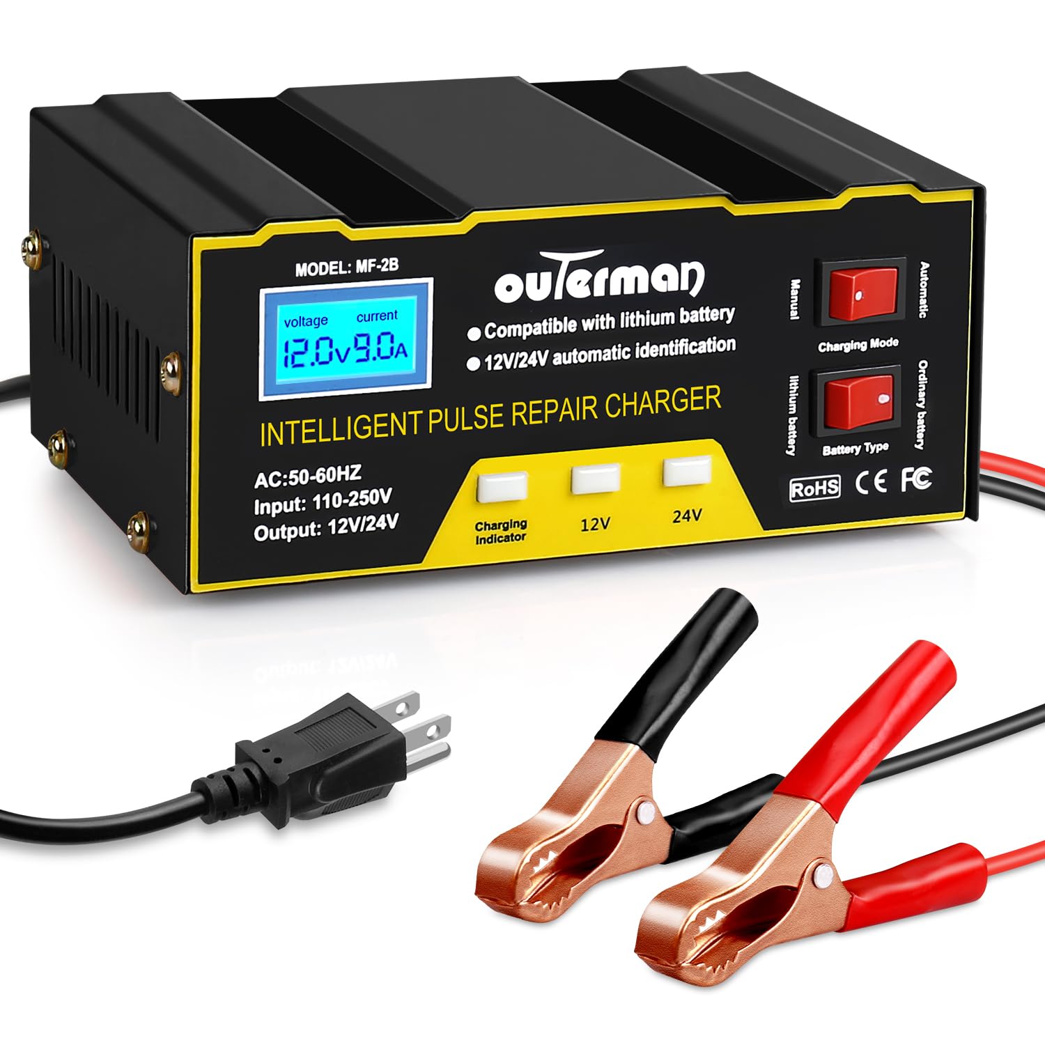 Photo 1 of Car Battery Charger, Outerman Smart 12V 24V Auto Lead-Acid Battery Charger with LCD Display and Pulse Repair for Motorcycles, Cars, Trucks, Lawnmowers (Black)