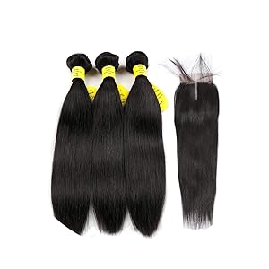 100% Human Hair Weave Bundles With Closure Non Remy Weft 2 3 4 Bundles Brazilian Straight Hair Bundles With Closure,16 & 18 & 20 & Closure 14,#1B,Free Part