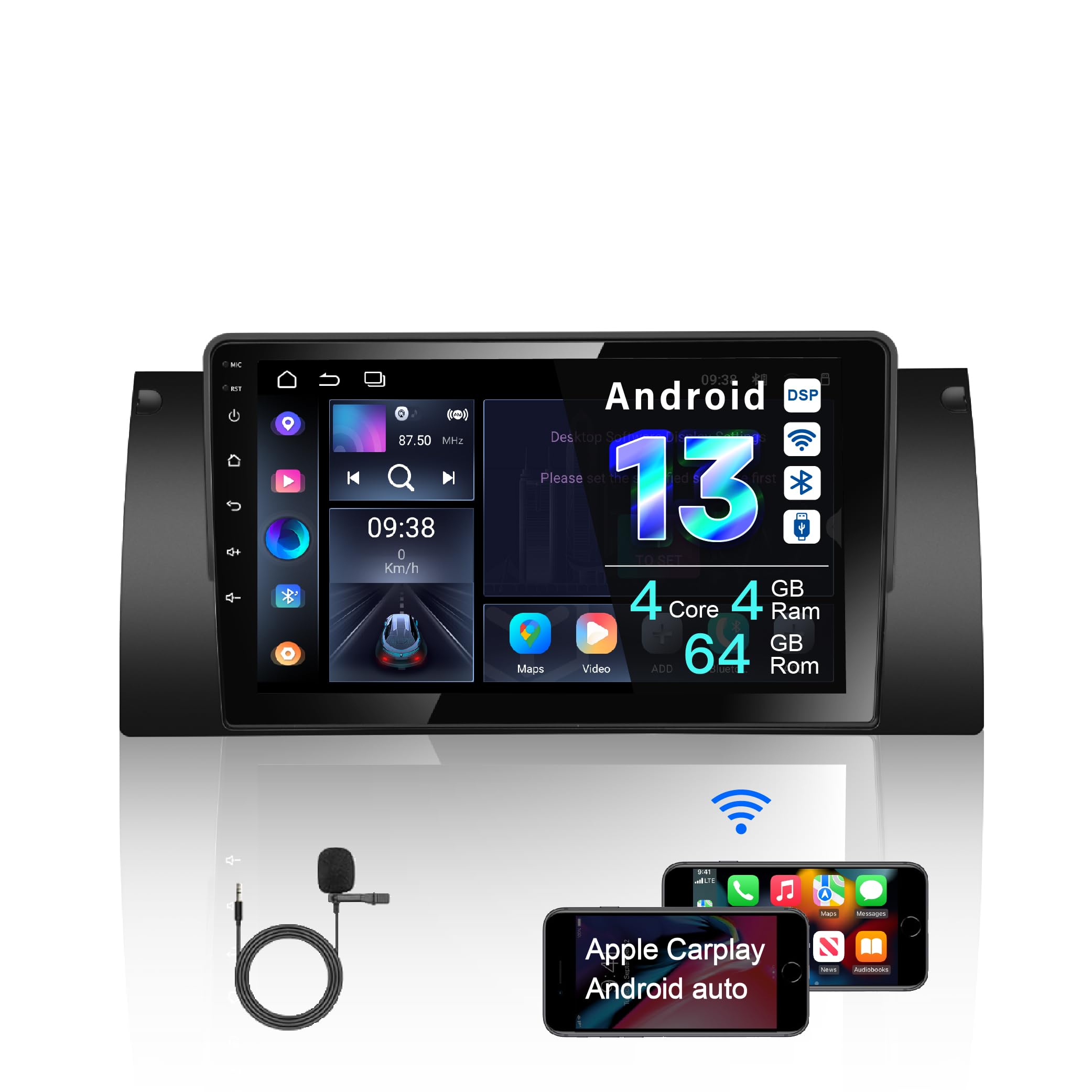 Amaseaudio Ultra-thin Android 13 Car radio for BMW X5 E53 (1999-2006), Wireless Carplay Android Audo, DSP+, 9" Touchscreen, support 4G Wifi Bluetooth 5.0 GPS navi/Rear camera