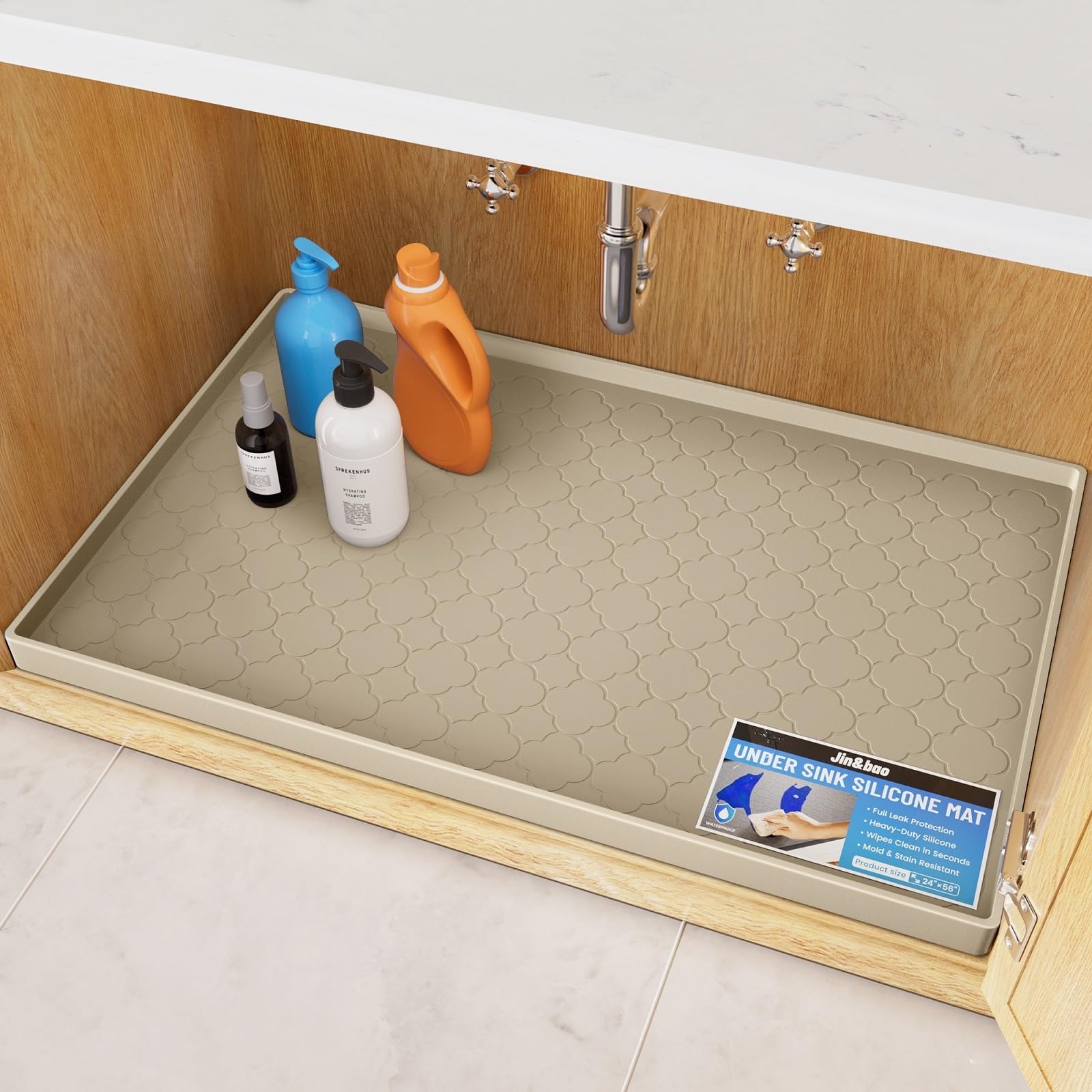 Photo 1 of Jin&Bao Waterproof Under Sink Mat 34x22 for Kitchen and Bathroom, Thicken Cabinet Protector and Kitchen Shelf Liner, Organizer and Storage, Multipurpose Mat for Pets, Coffee Area, and Shoe Entryway