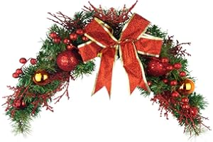 JOJAZE Artificial Christmas Swag 31 Inch with Ribbon Bow and Red Berries Greenery Xmas Decor for Wall, Lintel, Festival, Front Door, Window