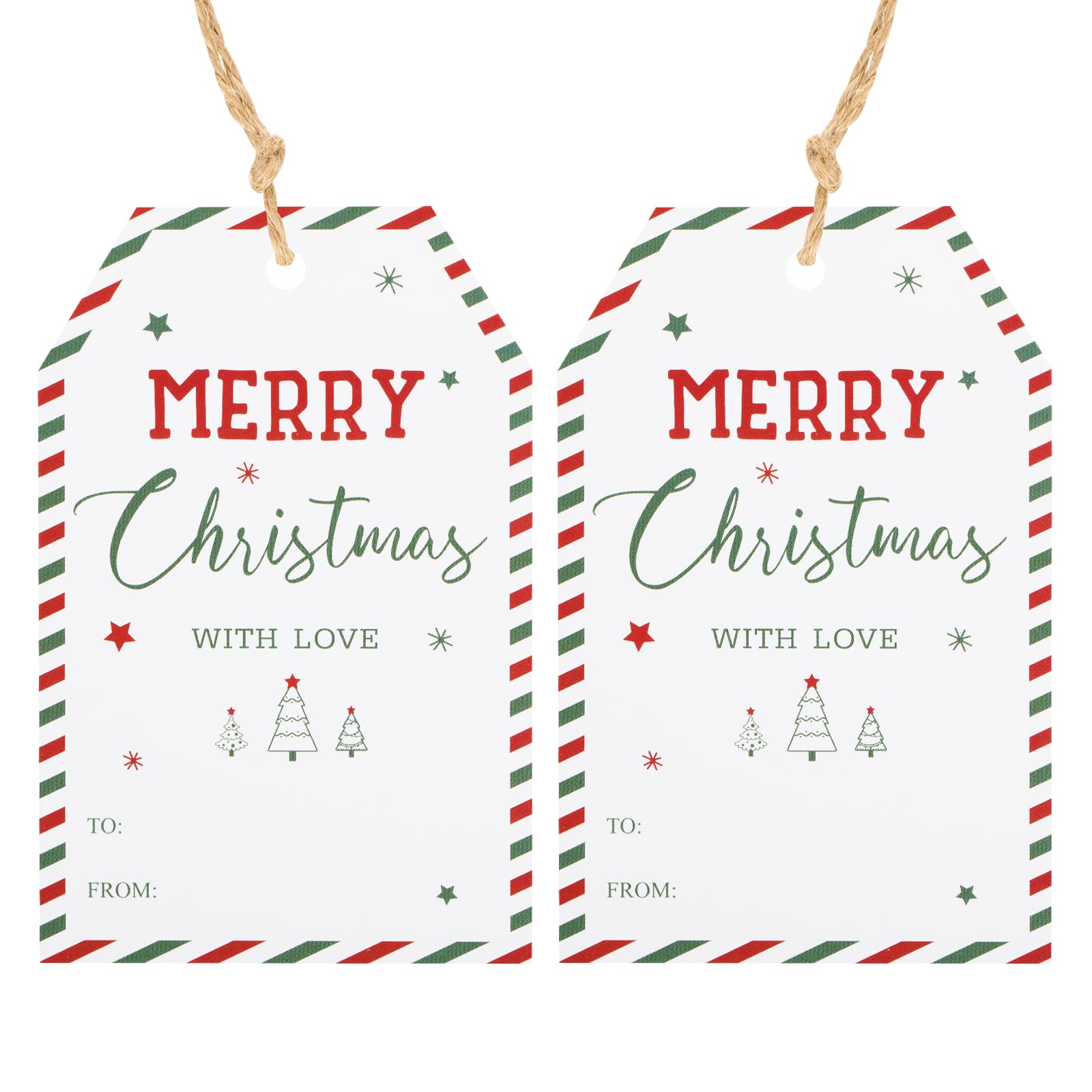 G2PLUS Merry Christmas Tags for Presents, 50PCS White Candy Cane Christmas Tags with String, 8.5x5.5 CM Xmas Wrapping Labels with Tree for Presents Wrapping Decoration