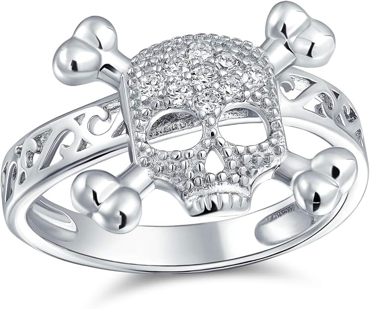 Bling Jewelry La Moda CZ El Caribe Pirata Calavera Huesos Cruzados Anillo para Adolescente para Mujer Punk Goth Zirconia Cúbico 925