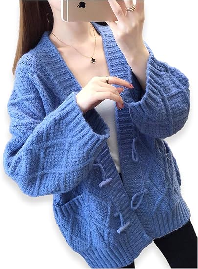 Amazon サフィーブラウ レディース ゆったり ローゲージ ニット カーディガン ダイヤ柄 牛角ボタン 4色 M Xl カーディガン ボレロ 通販