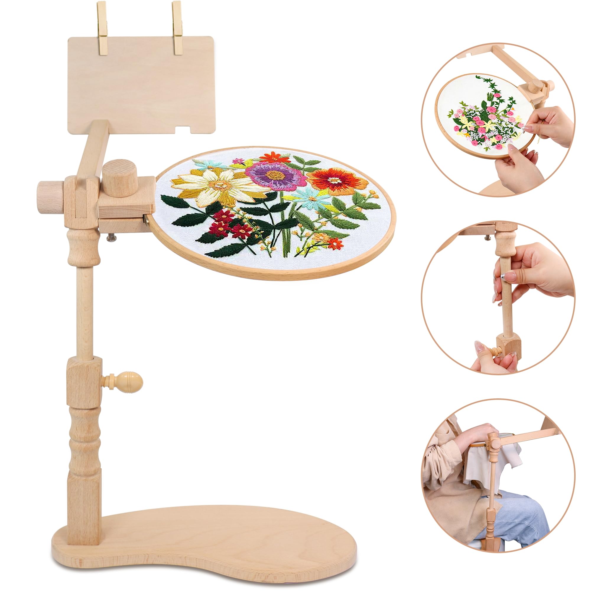 Embroidery Frame, 360° Adjustable Cross Stitch Frame, Easy to Use Wooden Embroidery Hoop Holder, Sitting Embroidery Frame and Stand for Art Craft Sewing Projects