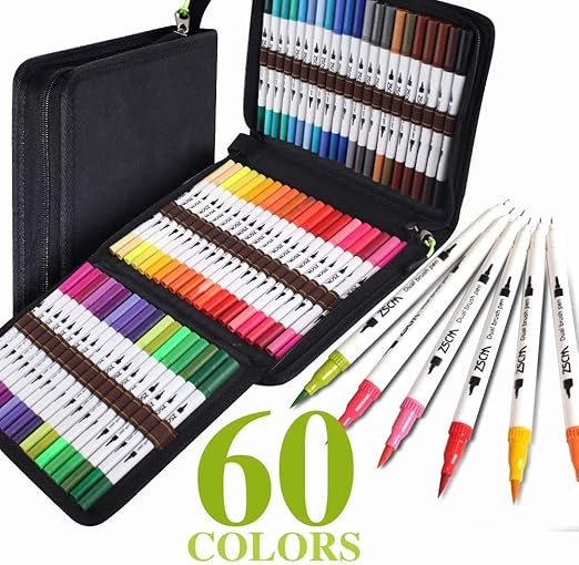 Amazon Com Zscm Coloring Art Markers Set 60 Colors Dual Tips Fine Point Water Based Marker Fineliner Pens With Canvas Bag For Kids Adults Calligraphy Drawing Sketching Bullet Journal Art Back To School