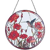 8'' Hummingbird Suncatcher Stained Glass Suncatchers - Originally Designed Red Poppies Ornament for Sun Catcher Indoor Window | Gifts for Hummingbird Lovers Painted Glass Panel Decor