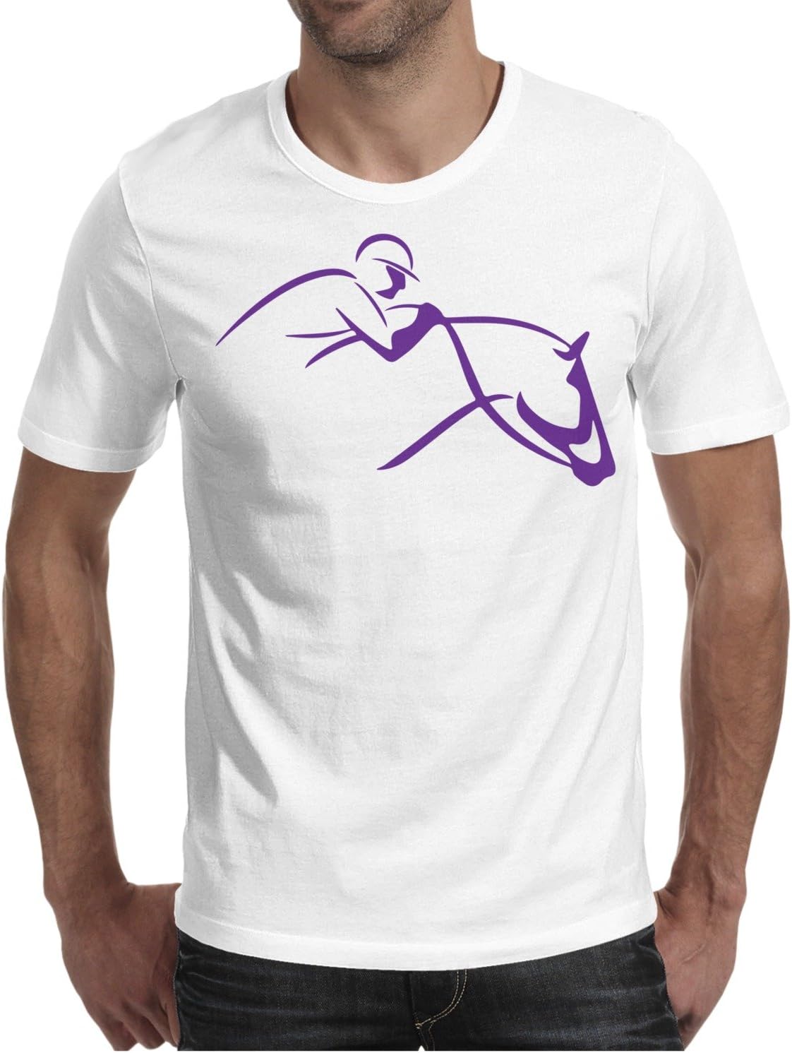 Eoyles Clips Horse Racing Mens Comfortable Unique Round Neck White Shirt Printing