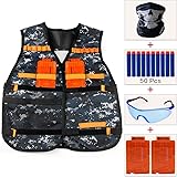 Cosoro Kids Camouflage Tactical Vest Jacket Kit (with 50pcs Blue Foam Darts + Protective Goggles Glasses + Seamless Skull Face Mask + 2 Pcs 5-dart Quick Reload Clip) for Nerf Toy Gun N-strike Elite Series