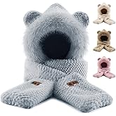 ​​Hooded Scarf Hat Gloves for Women Winter, Bear Ears 3-in-1 Set - Plush Faux Fur, Soft and Warm, Cute Hat with Mittens​​