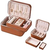 AYUOKER Brown Small Travel Jewelry Box,2 Layers PU Leather Travel Jewelry Box with Double Zippers, Portable Travel Jewelry Organizer for Necklace/Bracelet/Ring/Brooch
