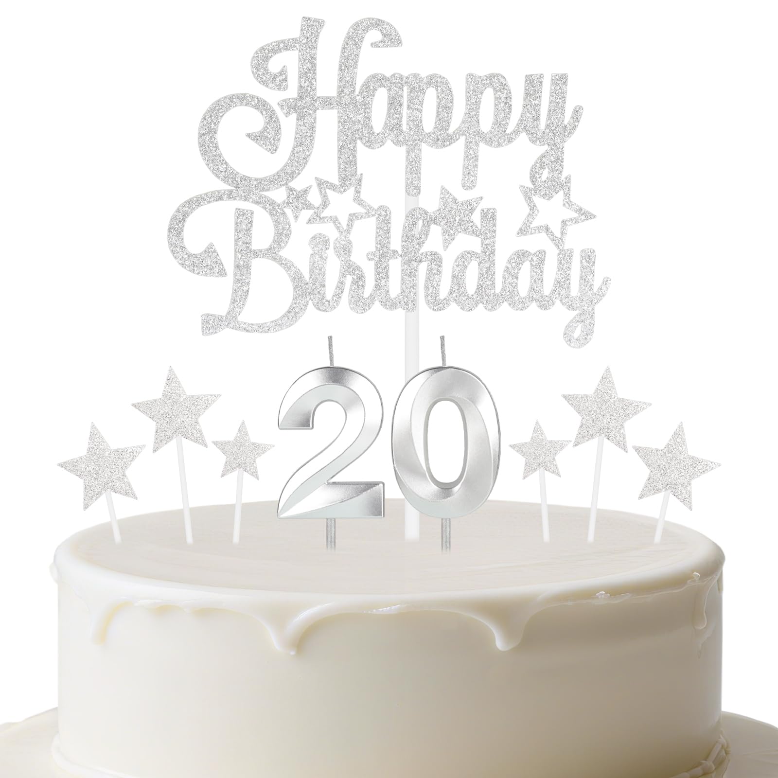 mciskin Silver Birthday Candles Set,Girl Boy 20th Birthday Decorations,Number 20 Candle for Cake,Silver Candles Cake Toppers with Star for Girls Boys Birthday Party Anniversary Decorations